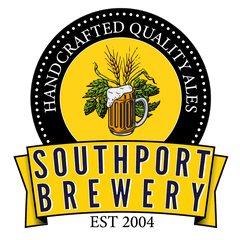 A foaming tankard of beer set before a bundle of hops, laid on top of a yellow bacground. It is surrounded by a black border with the words Handcrafter Quality Ales within it. A yellow ribbon is located at the bottom, with the name of the brewery within it. Small text at the bottom says 'Established 2004'.